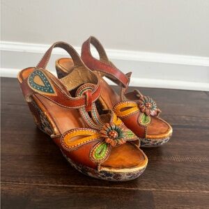 L’artiste Floral Embellished Brown and Green Wedge Sandals Women’s 8.5
